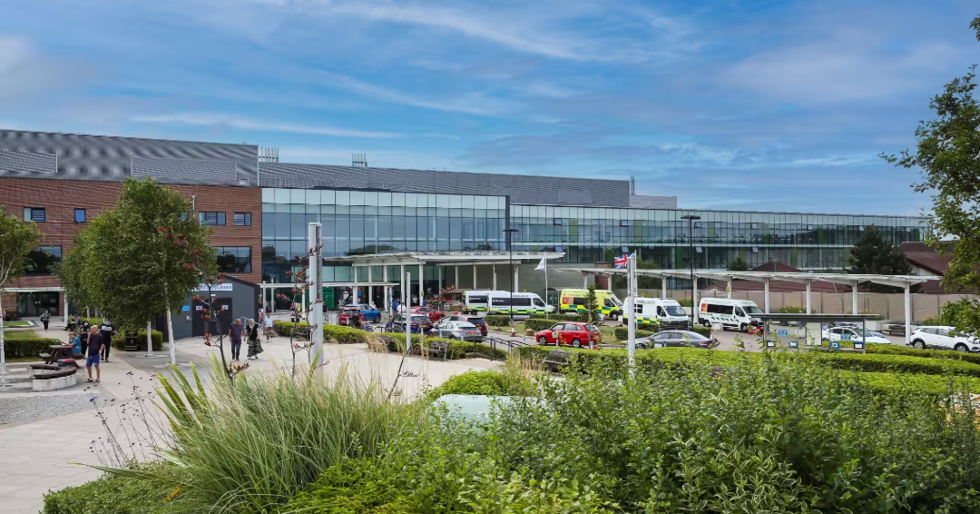 Royal Stoke University Hospital - A&E department entrance and building exterior. Located in Stoke-on-Trent.