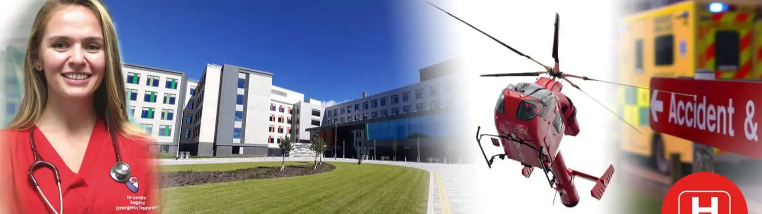 The Grange University Hospital - A&E department entrance and building exterior. Located in Cwmbran, Wales.