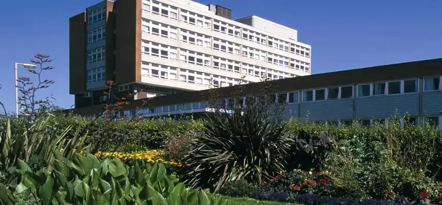 Torbay Hospital - A&E department entrance and building exterior. Located in Torquay, Devon.