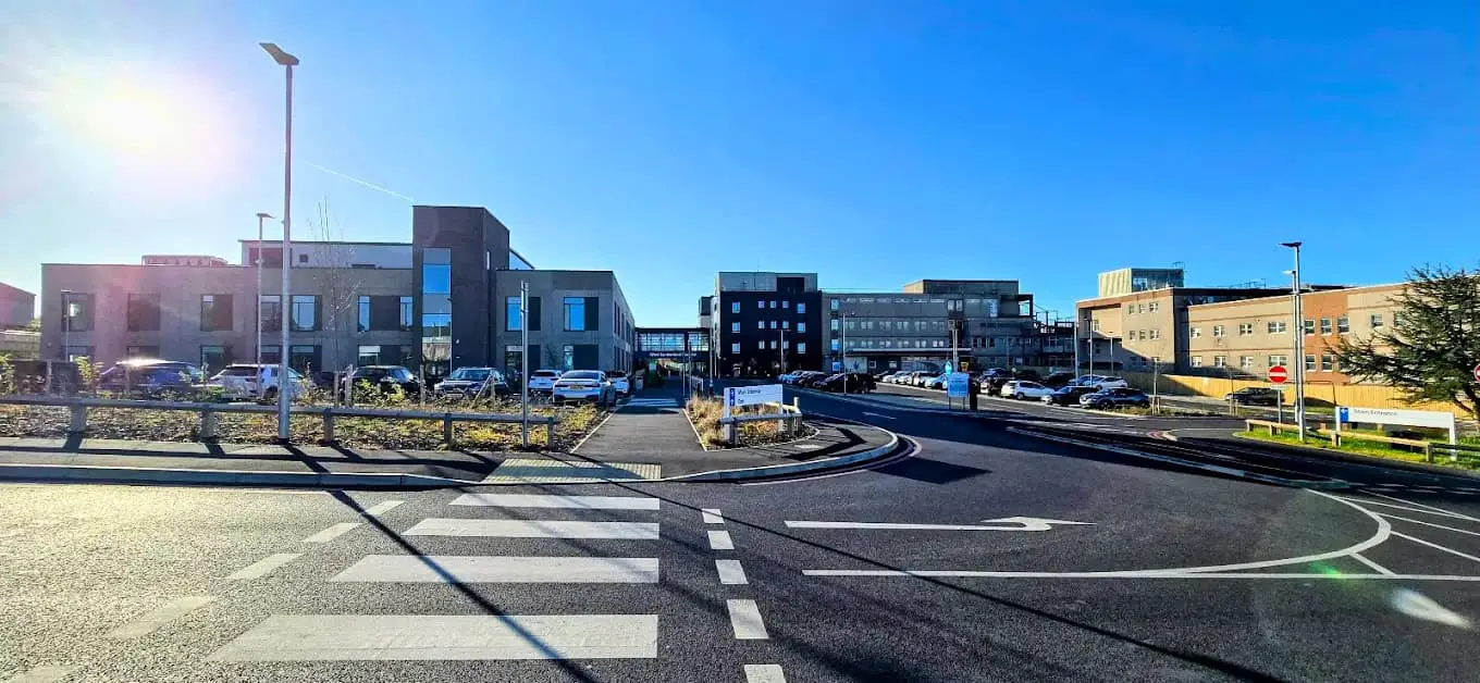 West Cumberland Hospital - Emergency Department entrance and building exterior. Located in Whitehaven, Cumbria.